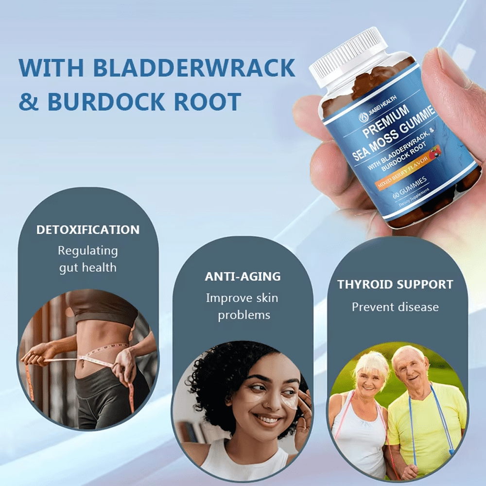 Premium Sea Moss Gummies highlighting benefits including detoxification, anti-aging skin support, and thyroid health