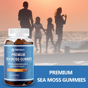 Bottle of Premium Sea Moss Gummies with Bladderwrack and Burdock Root shown with family enjoying wellness lifestyle