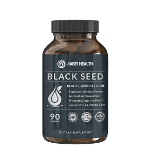 Bottle of Jiabei Health Black Seed Capsules made with black cumin seed oil, supporting immune system, antioxidant defense, and digestive health, OEM and private label supplement option.