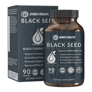 Jiabei Health Black Seed Capsules bottle and packaging box, made with black cumin seed oil to support immune system, antioxidant defense, and digestive health.