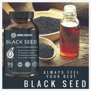 Black Seed Capsules by Jiabei Health displayed with black cumin seeds and oil, highlighting immune support, antioxidant benefits, and private label supplement options.