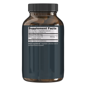 Supplement Facts panel of Jiabei Health Black Seed Capsules showing 500 mg black cumin seed oil (Nigella sativa) per serving.