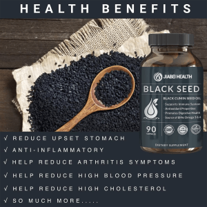 Jiabei Health Black Seed Capsules with black cumin seeds and listed health benefits including digestion, anti-inflammatory support, and cardiovascular wellness.