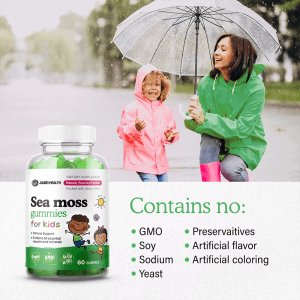 Jiabei Health Sea Moss Gummies for Kids bottle with mother and child outdoors, highlighting supplement free from GMO, soy, sodium, yeast, preservatives, artificial flavor, and coloring