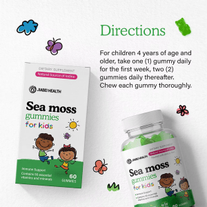 Jiabei Health Sea Moss Gummies for Kids packaging with dosage instructions for children 4 years and older