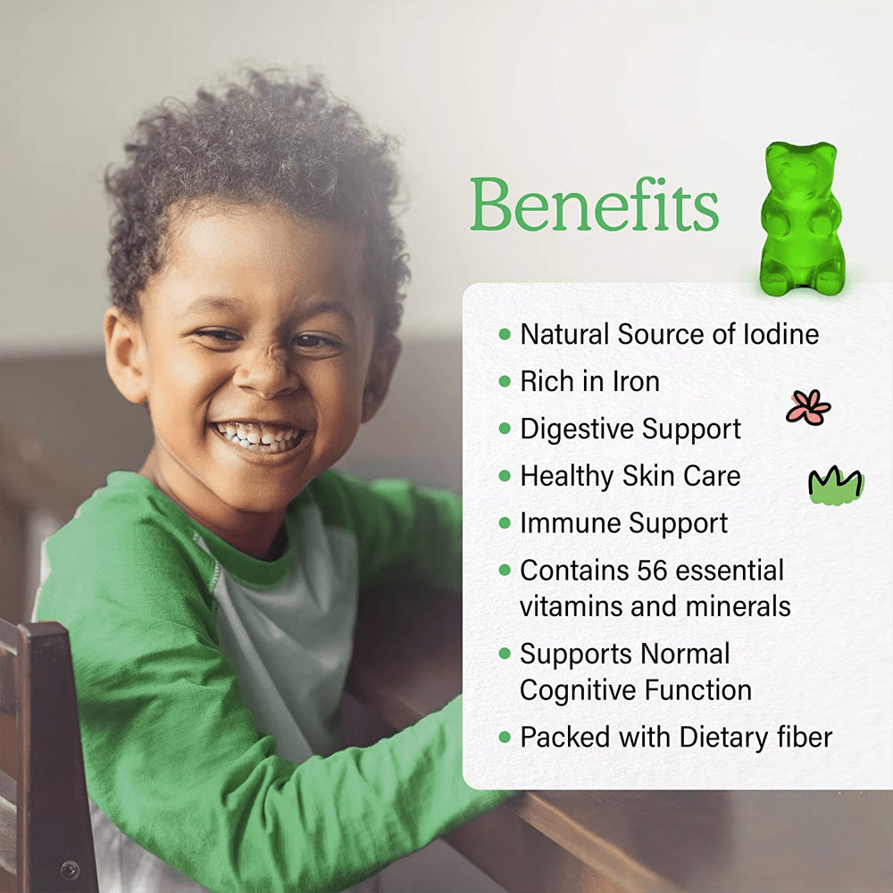 Smiling child with Jiabei Health Sea Moss Gummies for Kids benefits including iodine, iron, fiber, immune and cognitive support