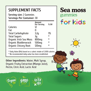 Nutrition label of Jiabei Health Sea Moss Gummies for Kids showing serving size, calories, and organic ingredients