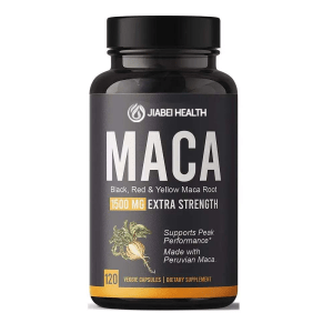 Bottle of Jiabei Health Extra Strength Maca Root Capsules 1500mg with black, red, and yellow maca root blend for energy, stamina, and hormonal balance, OEM and private label supplement