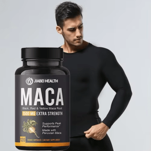 Jiabei Health Extra Strength Maca Root Capsules 1500mg with male fitness model, highlighting stamina, strength, and OEM private label supplement