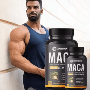 Two bottles of Jiabei Health Extra Strength Maca Root Capsules 1500mg displayed with muscular athlete, symbolizing vitality and private label supplement manufacturing