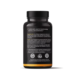 Back label of Jiabei Health Extra Strength Maca Root Capsules 1500mg showing supplement facts, suggested use, and GMP, USA Made, Non-GMO certifications