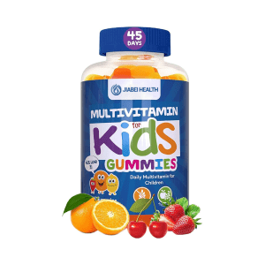 Jiabei Health Kids Multivitamin Gummies bottle with orange, cherry, and strawberry fruits, daily multivitamin supplement for children, OEM and private label
