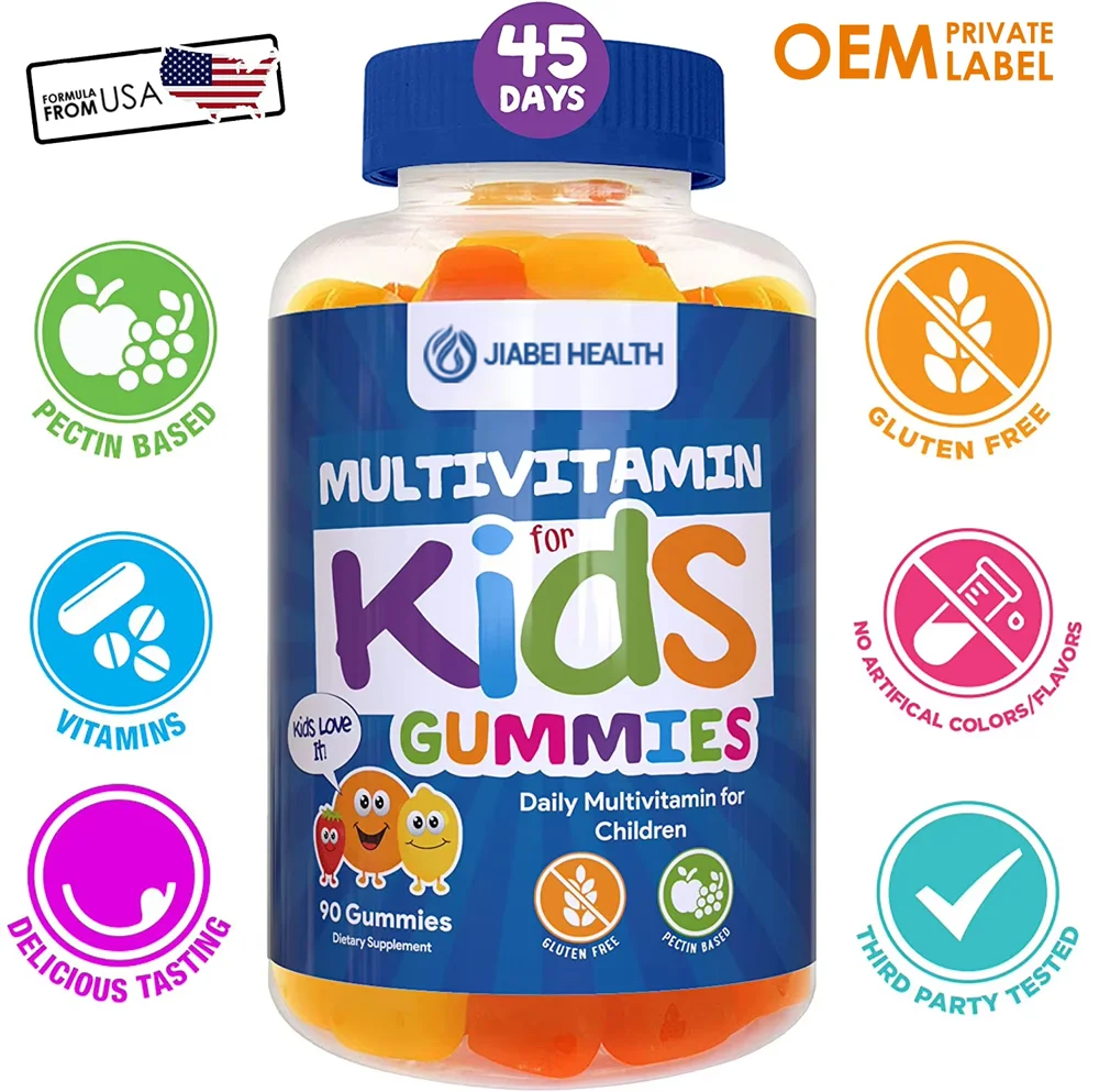 Jiabei Health Kids Multivitamin Gummies bottle with OEM private label options, highlighting gluten free, pectin based, no artificial colors, and third party tested