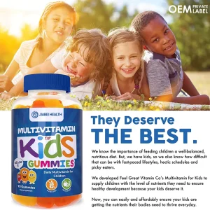 Children playing outdoors with Jiabei Health Kids Multivitamin Gummies bottle, emphasizing immune support, growth, and daily nutrition for kids