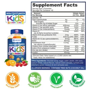 Supplement facts label of Jiabei Health Kids Multivitamin Gummies showing vitamins, minerals, daily values, and allergen information