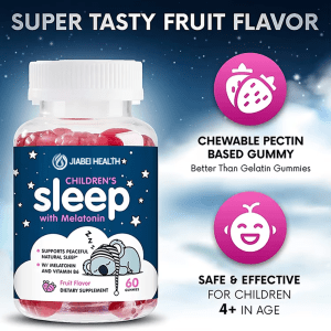 Fruit flavor children’s sleep gummies with melatonin and vitamin B6, pectin-based chewable supplement safe for kids