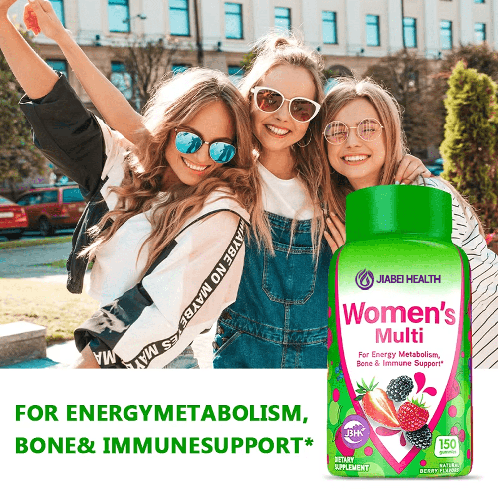 Group of young women smiling outdoors with Jiabei Health Women’s Multivitamin Gummies bottle, formulated for energy metabolism, bone strength, and immune support