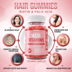Jiabei Health Hair Gummies with Biotin and Folic Acid, berry flavor supplement that rejuvenates scalp, strengthens hair strands, promotes thicker hair