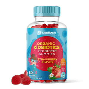 Bottle of organic probiotic gummies for kids in strawberry flavor, vegan and gelatin-free supplement by Jiabei Health