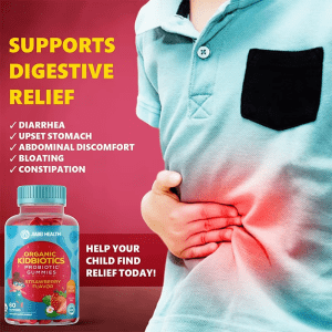 Child holding stomach with Organic Kidbiotics Probiotic Gummies bottle, supporting digestive relief for diarrhea, bloating, and constipation