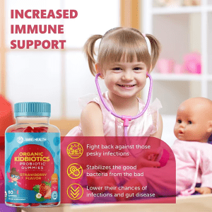 Smiling girl with stethoscope and Organic Kidbiotics Probiotic Gummies bottle, highlighting increased immune support and gut health