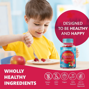 Boy enjoying breakfast with Organic Kidbiotics Probiotic Gummies bottle, gluten free, GMO free, and 100% natural ingredients