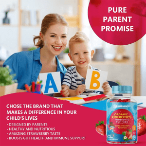 Happy mother and child with Organic Kidbiotics Probiotic Gummies bottle, promoting strawberry flavor, gut health, and immune support