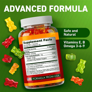 Jiabei Health hemp gummies OEM bottle showing supplement facts with hemp extract, vitamins E and B, and omega 3-6-9 for safe and natural support