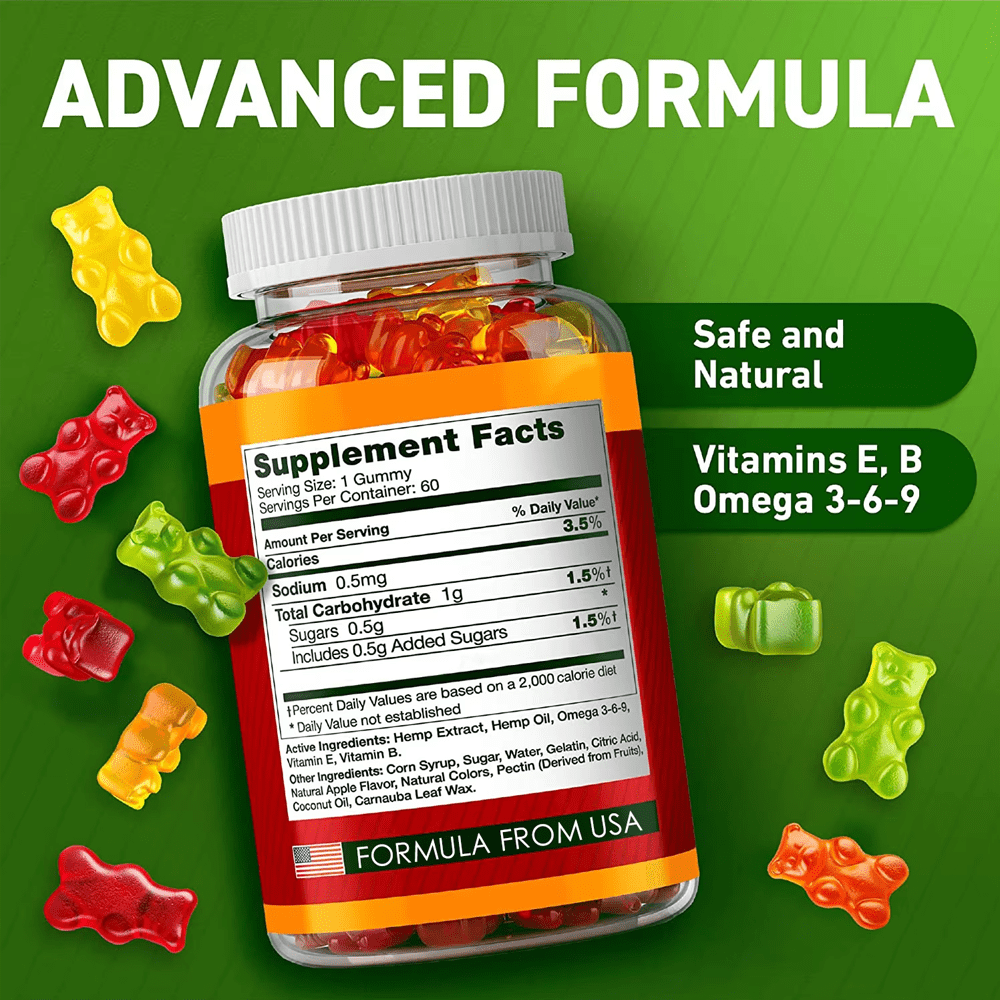 Jiabei Health hemp gummies OEM bottle showing supplement facts with hemp extract, vitamins E and B, and omega 3-6-9 for safe and natural support