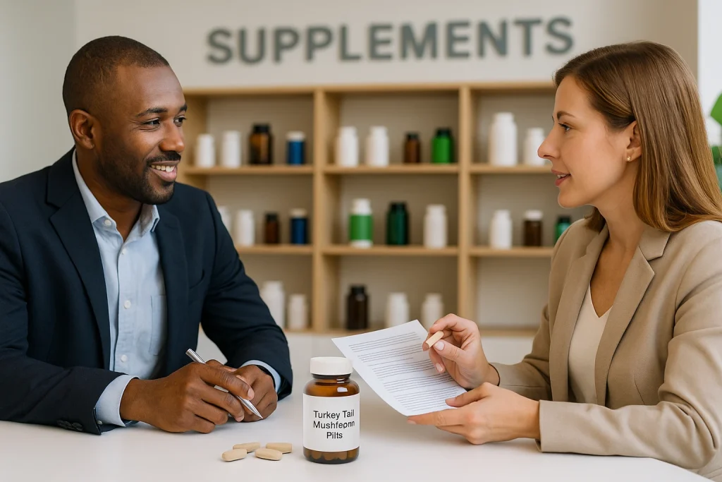Two business professionals in a supplement showroom discussing turkey tail mushroom pills with product samples on the table, representing private label OEM partnership and global investment opportunities