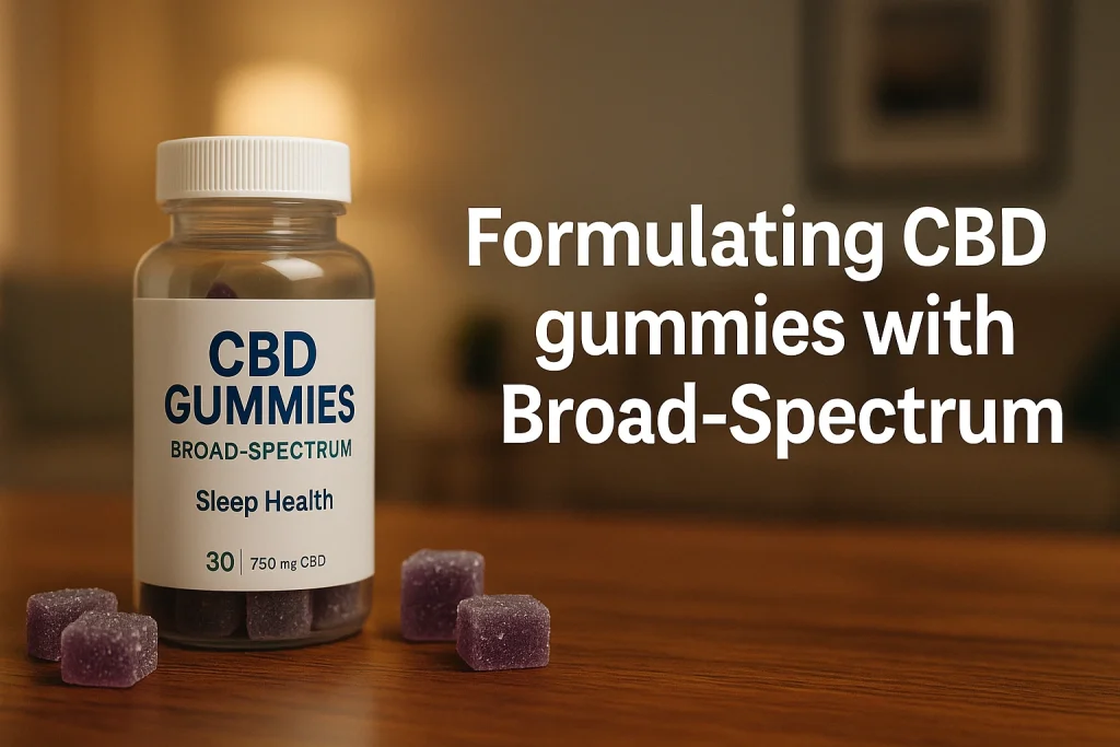 Realistic image of broad-spectrum CBD sleep gummies in a transparent bottle with scattered gummies on a wooden surface, representing formulation introduction, 16:9 ratio