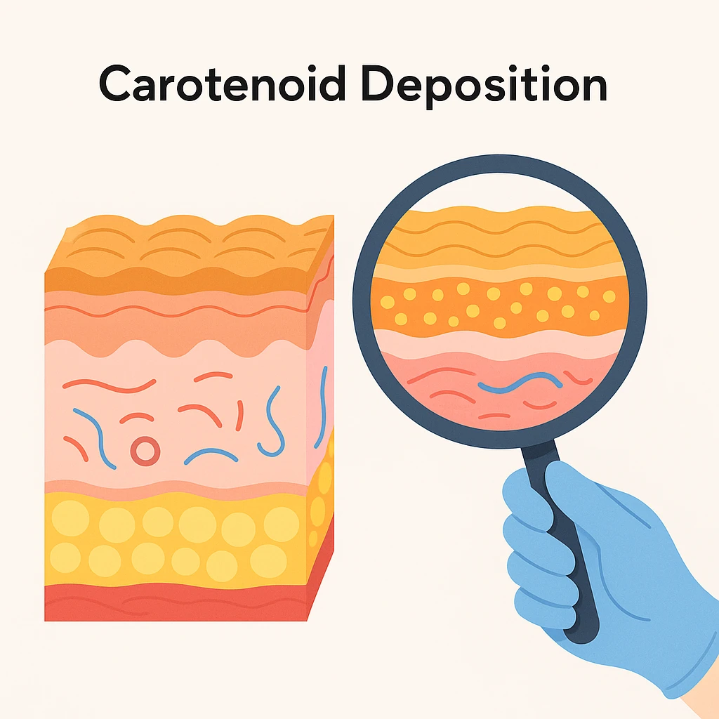 Infographic showing carotenoid buildup in skin layers, highlighting how haute tanning gummies deposit pigments in the epidermis for a golden glow.