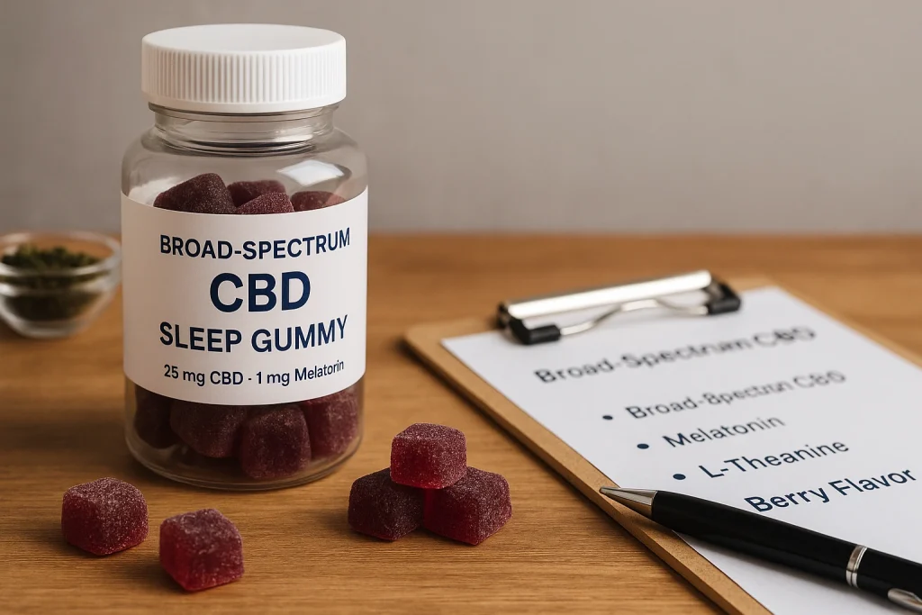 Realistic photo-style illustration of a jar of broad-spectrum CBD sleep gummies with scattered gummies, clipboard formulation notes including melatonin and L-Theanine, representing case study development, 16:9 ratio