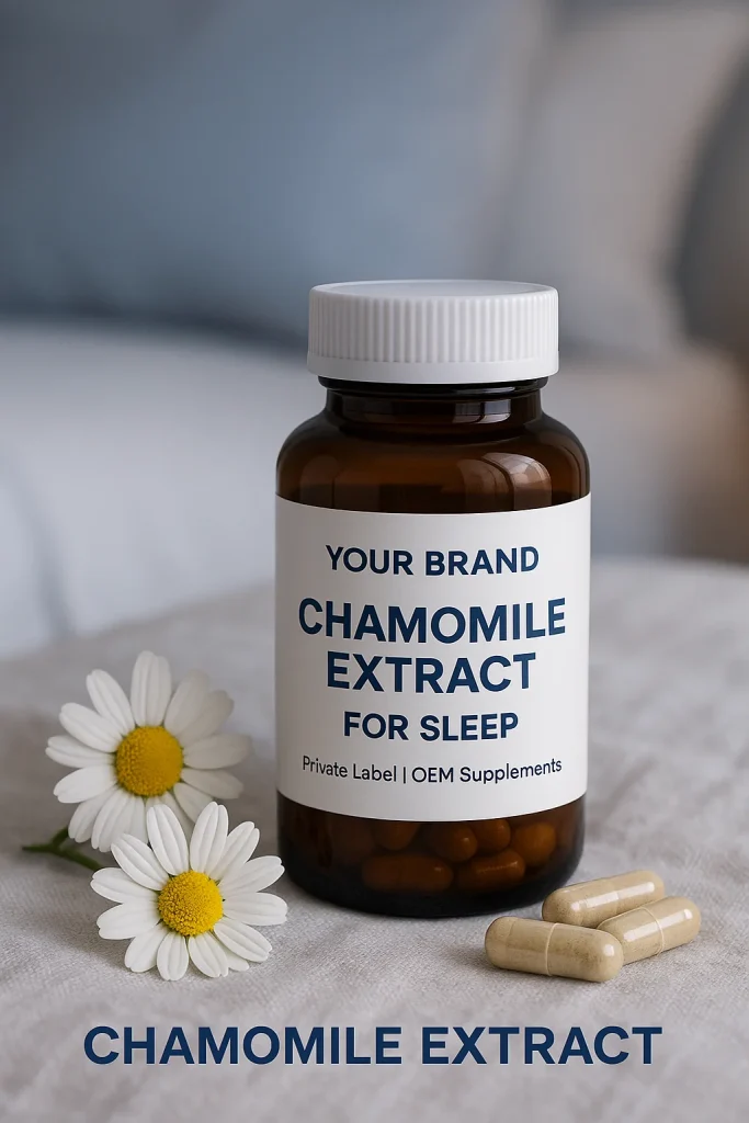 A bottle of chamomile extract capsules for sleep support, surrounded by fresh chamomile flowers and capsules, with a blurred bedroom background suggesting relaxation and rest.