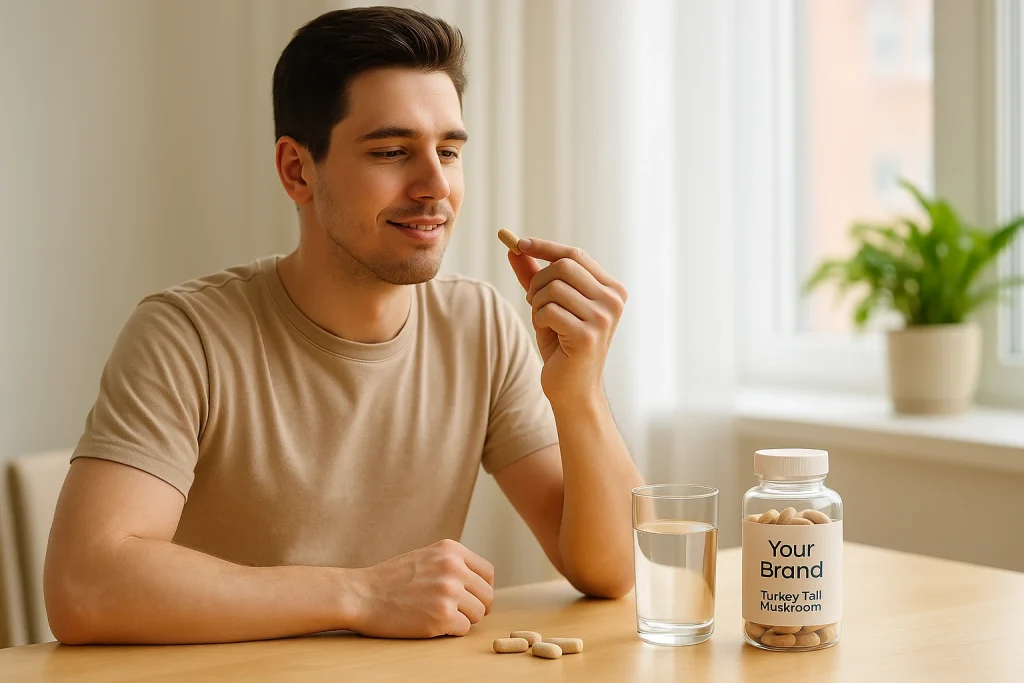 A young man sitting at a kitchen table holding a turkey tail mushroom pill with a glass of water and a supplement bottle labeled Your Brand, representing natural daily wellness routine