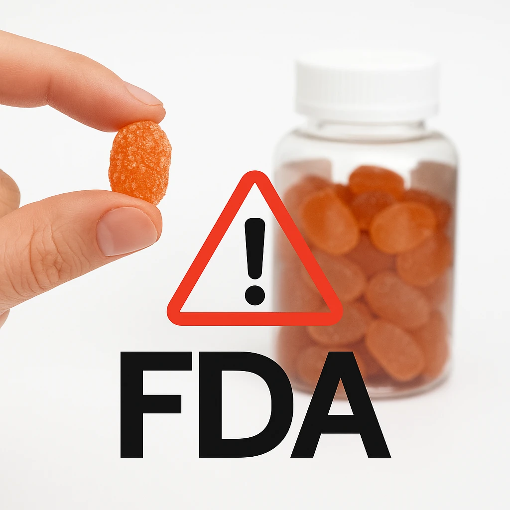 Hand holding an orange tanning gummy with a red warning symbol and FDA text overlay, symbolizing tanning gummies risks and regulatory concerns.