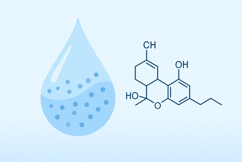 Conceptual scientific illustration showing a large transparent water droplet with dispersed particles and the CBD molecular structure, representing water-soluble CBD technology, 16:9 ratio