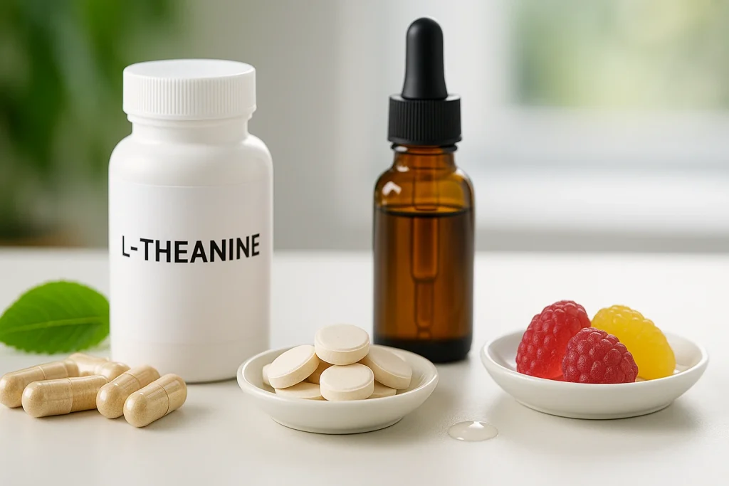 Four L-Theanine supplement dosage forms displayed together: capsules, tablets, liquid drops in an amber bottle, and colorful gummies on a clean surface in 16:9 ratio