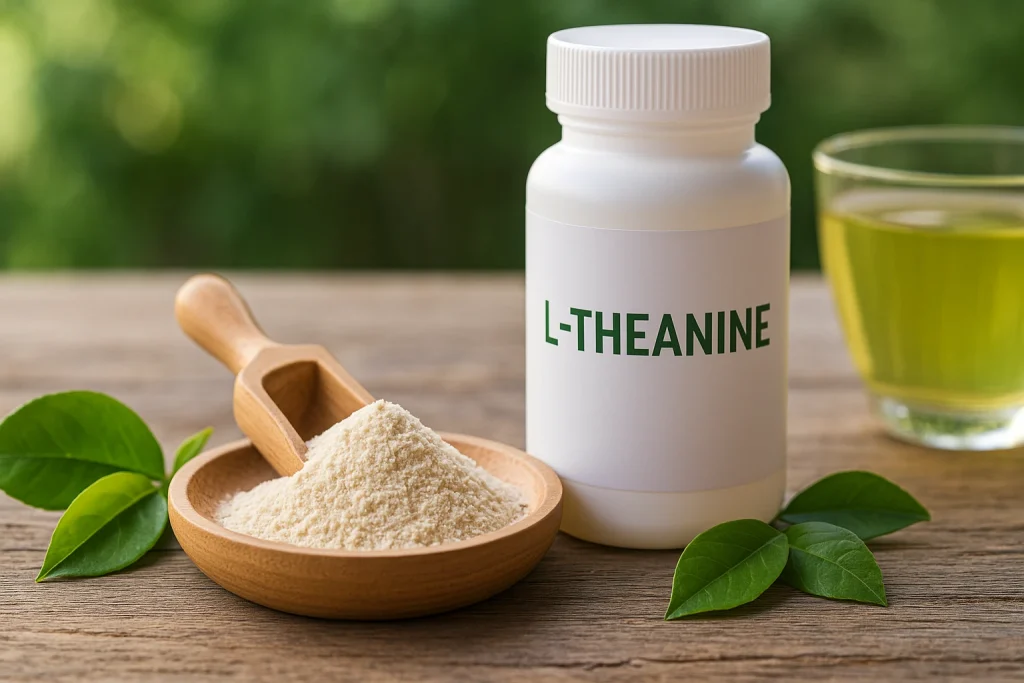 L-Theanine raw material with natural green tea leaves and fine powder displayed on a wooden table in 16:9 ratio