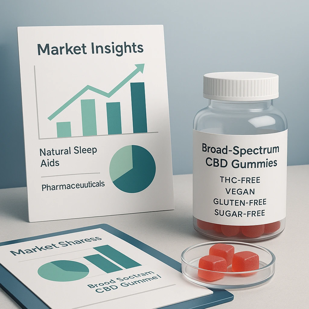3D-style illustration showing market research charts, a sample bottle labeled Broad-Spectrum CBD Gummies with THC-Free, Vegan, Gluten-Free, Sugar-Free claims, and a dish of gummies, representing market positioning and consumer trends
