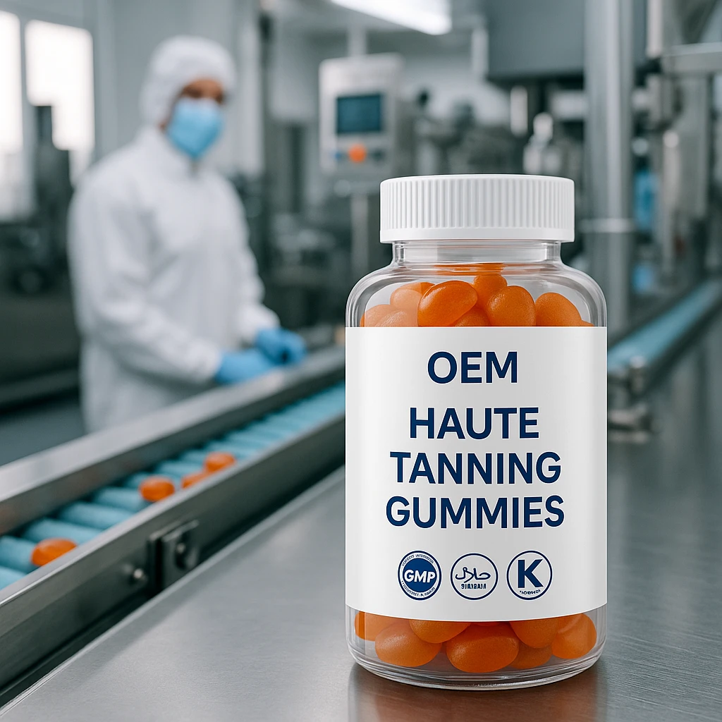 Transparent bottle labeled OEM Haute Tanning Gummies on a nutraceutical production line, with cleanroom worker and machinery in the background.