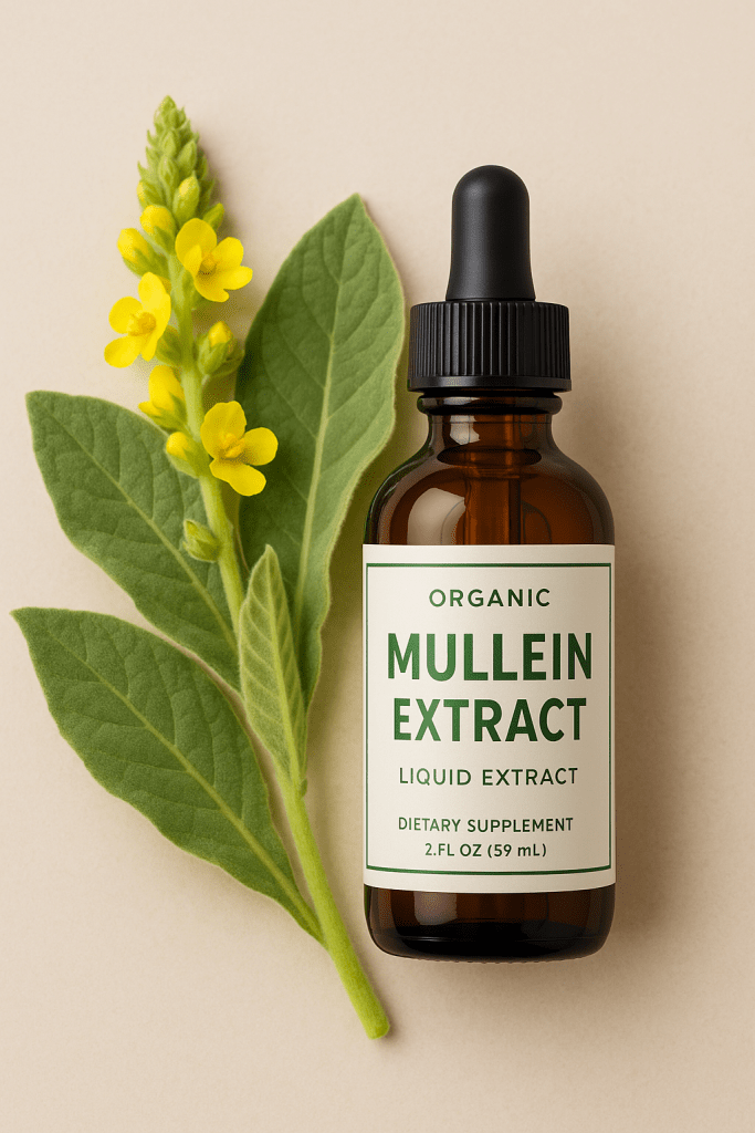 Amber glass dropper bottle of organic mullein extract liquid placed beside fresh mullein leaves and yellow flowers on a clean background, representing herbal lung detox and immune support supplement.