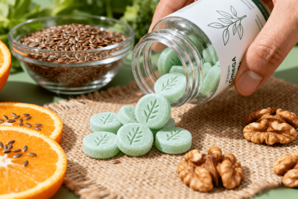 Visual for vegetarian omega supplement article introduction – featuring a clean display of plant-based omega supplements (transparent packaging) alongside fresh, omega-rich ingredients (lemons, oranges, walnuts, flaxseeds) under natural light, aligning with clean label style.