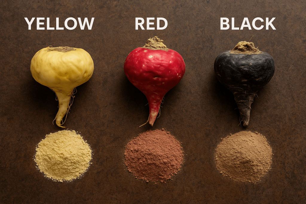 A side-by-side display of yellow, red, and black maca roots with powders, showing the differences among maca root supplements for energy, hormone balance, and fertility.