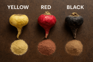 A side-by-side display of yellow, red, and black maca roots with powders, showing the differences among maca root supplements for energy, hormone balance, and fertility.