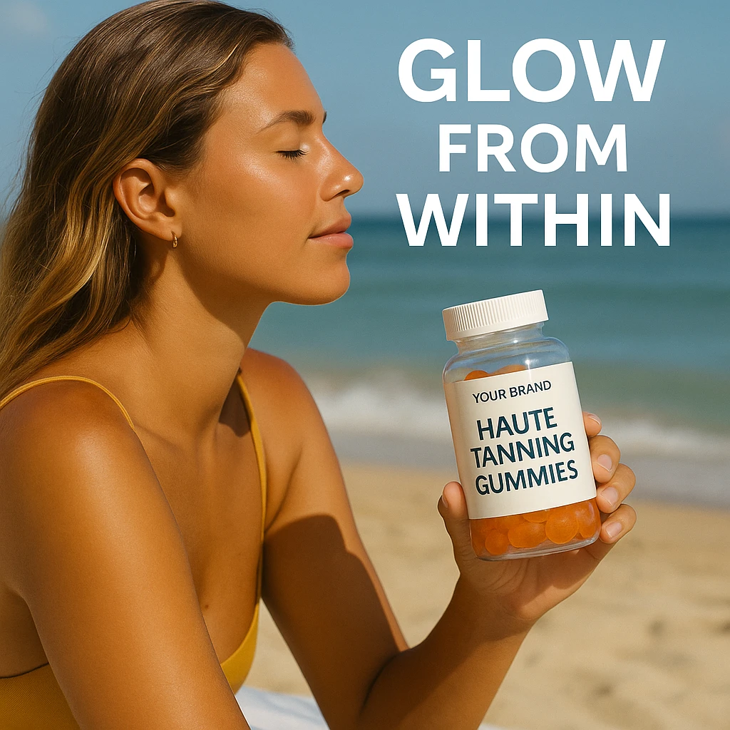 Woman with glowing tan relaxing on the beach, holding a bottle of Your Brand Haute Tanning Gummies, with text overlay “Glow From Within”.