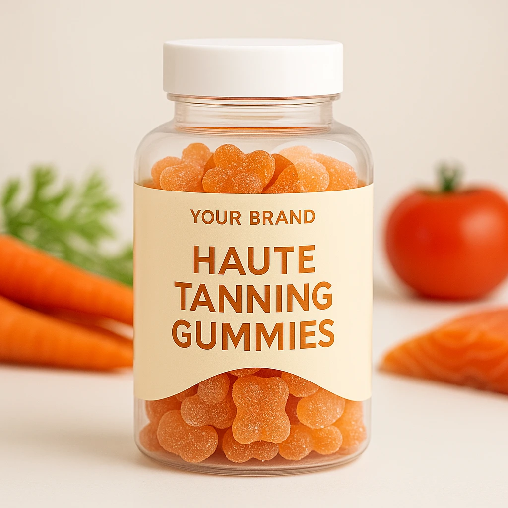 Transparent bottle labeled Your Brand Haute Tanning Gummies filled with orange gummies, surrounded by carrots, tomato, and salmon representing beta-carotene, lycopene, and astaxanthin sources.