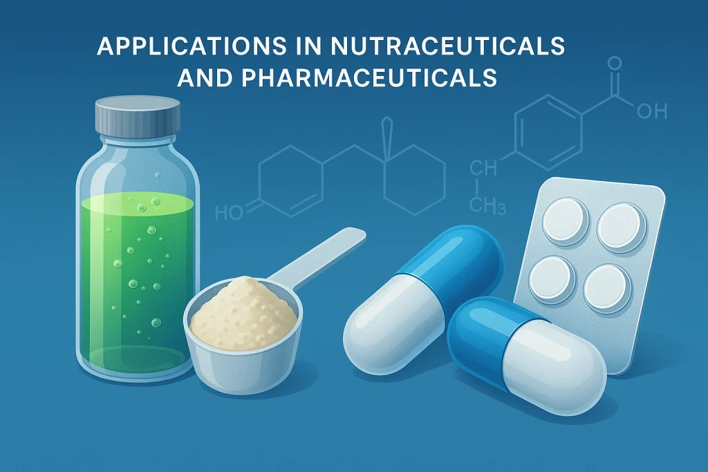 Illustration showing applications of water-soluble CBD technology, including a beverage bottle, powdered supplement scoop, capsules, and tablet blister pack, representing nutraceutical and pharmaceutical formats, 16:9 ratio
