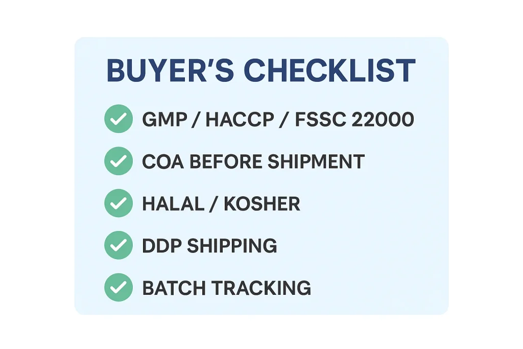 nfographic checklist for berberine supplement sourcing, showing GMP/HACCP/FSSC22000 certification, COA before shipment, Halal/Kosher compliance, DDP shipping, and batch tracking.