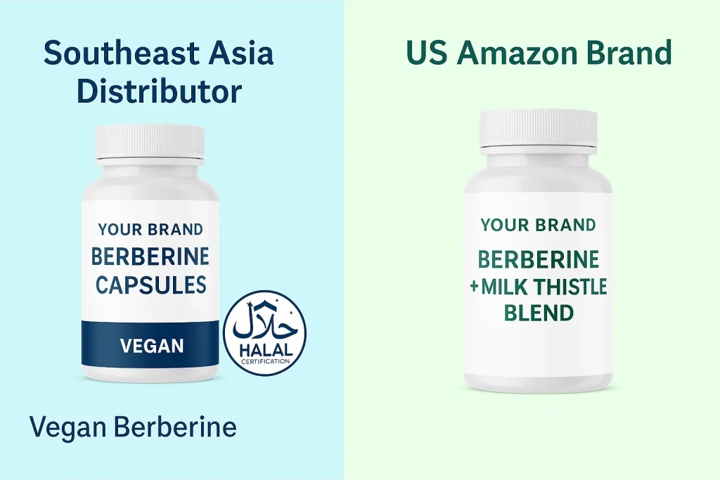 Infographic comparing two berberine supplement case studies: Southeast Asia distributor launching vegan berberine capsules with Halal certification, and US Amazon brand selling a berberine + milk thistle blend.